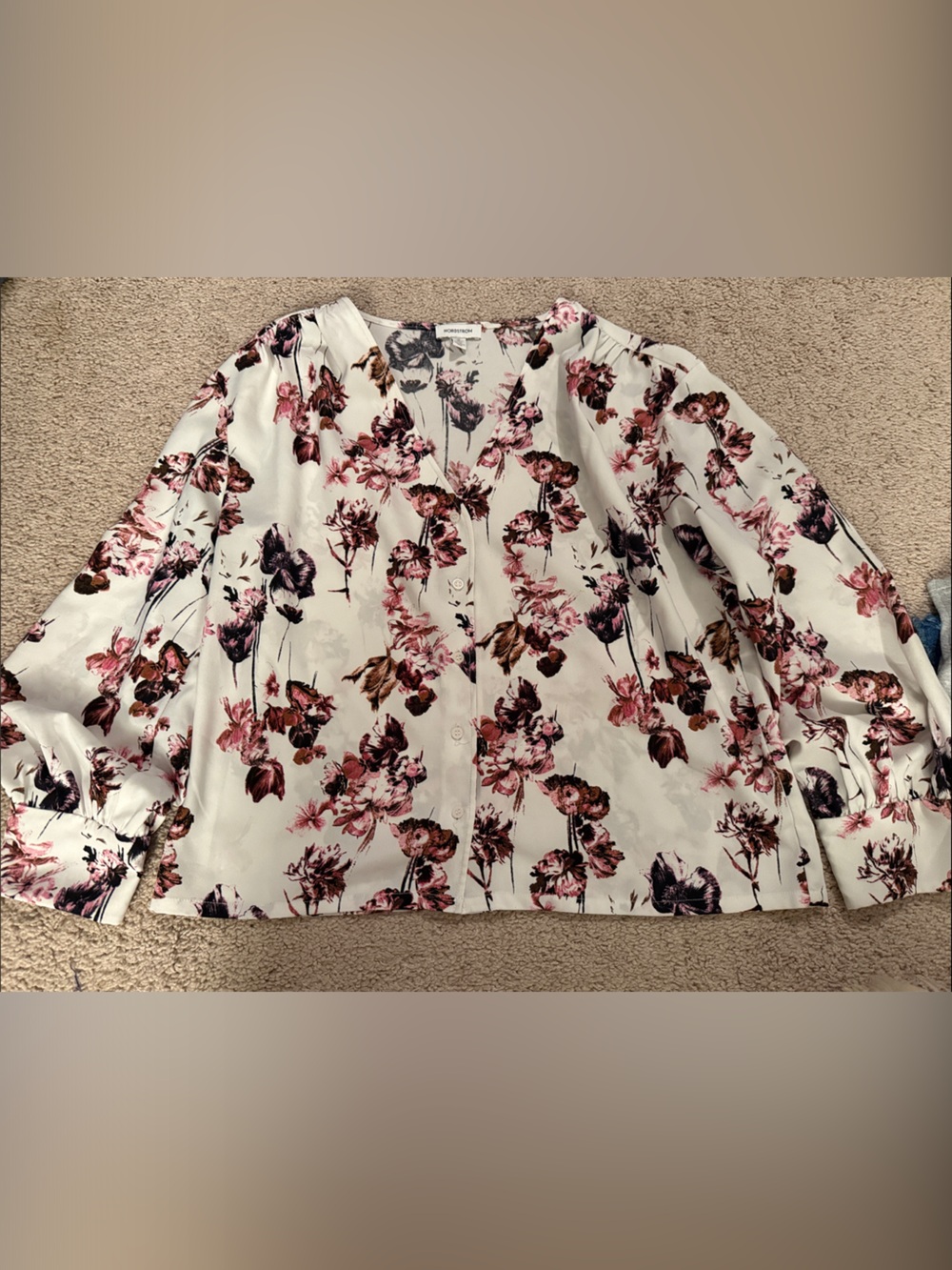 Nordstrom Cream Floral Button-Front Blouse with Pink and Brown Blooms